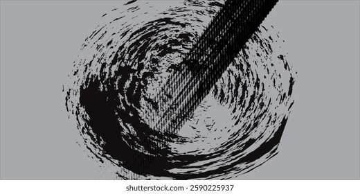 black circular grunge texture, brush strokes isolated on gray background.

