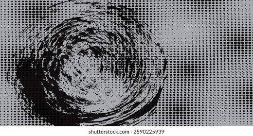 black circular grunge texture, brush strokes isolated on gray background.

