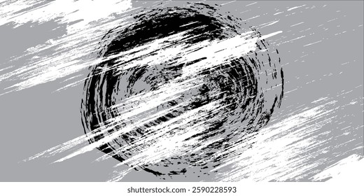 black circular grunge texture, brush strokes isolated on gray background.

