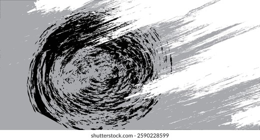 black circular grunge texture, brush strokes isolated on gray background.

