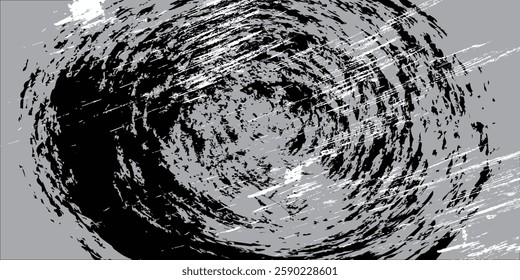 black circular grunge texture, brush strokes isolated on gray background.

