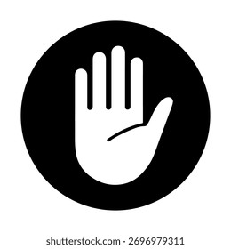 Icono de mano circular negro para señalización de parada, protección y control de acceso