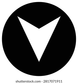 Black circular icon with a bold white chevron arrow pointing downward, used for direction, scrolling, dropdown menus, or downward navigation actions.