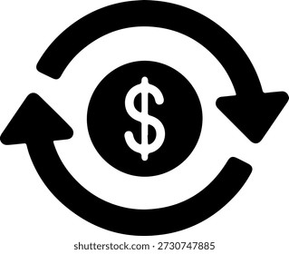 Un icono circular negro con un signo de dólar en el centro, rodeado por dos flechas en movimiento circular, sobre un fondo blanco puro, simbolizando transacciones financieras y ciclos.