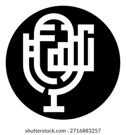 Icono circular negro con un micrófono de línea blanca en un soporte con barras de sonido, que representa la grabación de audio, transmisión y conceptos de comunicación para plataformas de medios