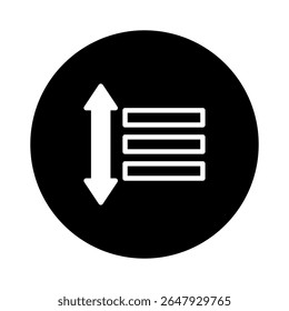 Black circular icon showcasing an arrow and horizontal lines representing sorting options and list organization