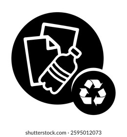 black circular icon, two paper sheets and a plastic bottle, recycling symbol