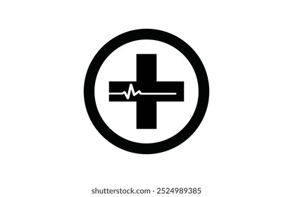 Black circular medical symbol with a cross in the center and a heartbeat line running through it. The design is simple, clean, and emphasizes health care.