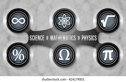Black circular object and six physics icons