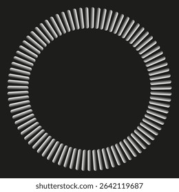 Black circular radial design. White stripe pattern frame. Vector ring geometry. Monochrome border element.