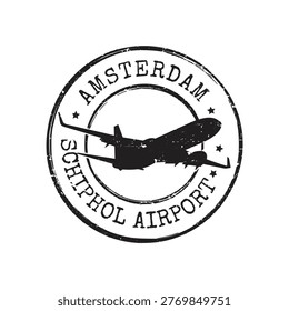 black circular rubber stamp featuring schiphol airport amsterdam text and airplane icon design element