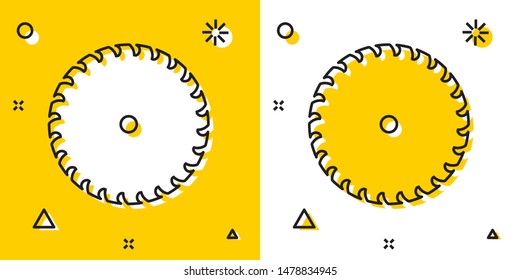Black Circular saw blade icon isolated on yellow and white background. Saw wheel. Random dynamic shapes. Vector Illustration
