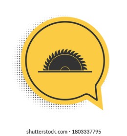 Black Circular saw blade icon isolated on white background. Saw wheel. Yellow speech bubble symbol. Vector.