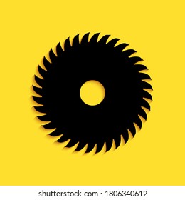 Black Circular saw blade icon isolated on yellow background. Saw wheel. Long shadow style. Vector.