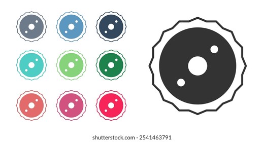 Schwarzes Kreissägeblatt-Symbol einzeln auf weißem Hintergrund. Sägezahnrad. Setzen Sie die Symbole bunt. Vektorgrafik