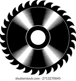 Black circular saw blade with sharp teeth and radial lines tool cutting