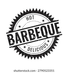 black circular star shaped label with hot barbecue text and vintage grunge texture for restaurant