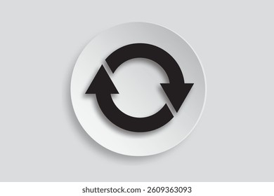 Black circular sync or refresh icon with two arrows on white round button and gray background.