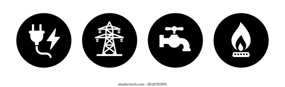 Black circular utility icon set featuring electricity, power transmission, water supply and natural gas symbols. Ideal for energy infrastructure, utility services, resource management, engineering, public services and industrial designs.