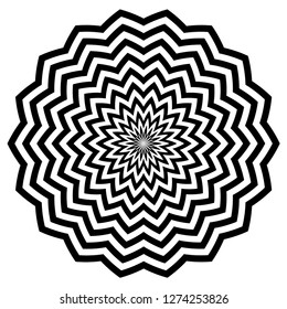 Black circular zigzag lines flowers with a beautiful patterned striped petals pattern. Floral vector background. Natural pattern, marine theme