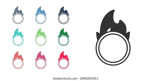 Black Circus fire hoop icon isolated on white background. Ring of fire flame. Round fiery frame. Set icons colorful. Vector