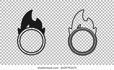 Black Circus fire hoop icon isolated on transparent background. Ring of fire flame. Round fiery frame.  Vector