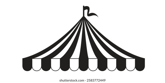 Black circus tent with flags. Awning, canopy and flag sign. Carnival tent. Striped canopy shop. Outdoor sunshade. Attraction with fun show, artists, tame animals performing in a circus theater.  