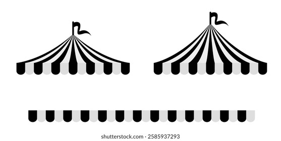 Black circus tent with flags. Awning, canopy and flag sign. Carnival tent. Striped canopy shop. Outdoor sunshade. Attraction with fun show, artists, tame animals performing in a circus theater.  