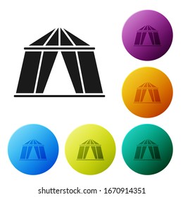 Black Circus tent icon isolated on white background. Carnival camping tent. Amusement park. Set icons in color circle buttons. Vector Illustration