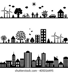 Black Cities Landscape, Vector Illustration