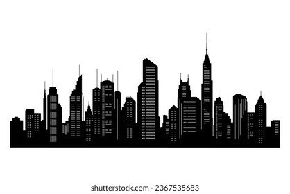 Black cities silhouette collection. Horizontal skyline set in flat style isolated on white. Cityscape with windows, urban panorama of night town.