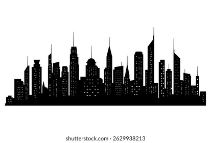 Black cities silhouette collection. Horizontal skyline set in flat style isolated on white. Cityscape with windows, urban panorama of night town.