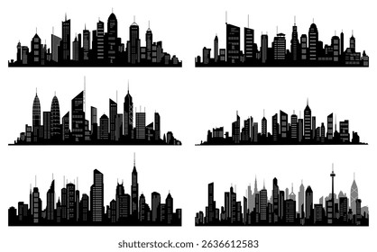Black cities silhouette collection. Horizontal skyline set in flat style isolated on white. Cityscape with windows, urban panorama of night town.