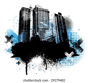 Black city buildings and blue graffiti grunge design