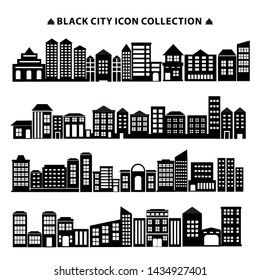 Black city icon set vector, silhouette  cities symbol in landscape design with white background colour. building icons illustration