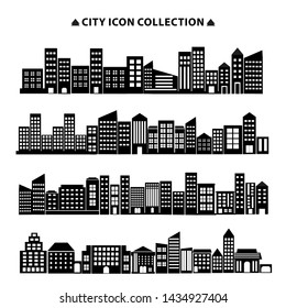 Black city icon set vector, silhouette  cities symbol in landscape design with white background colour. building icons illustration