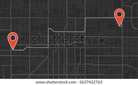 Black city map background with travel destination pins in flat style. Concept of travel, destination, location, route. Vector banner, top view.