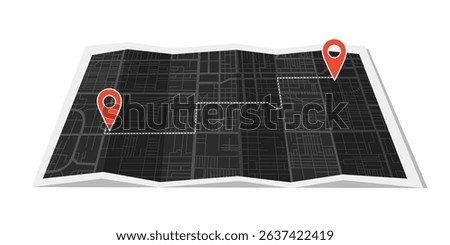 Black city map with travel destination pins lying down on the surface in flat style. Concept of travel, destination, location, route. Vector background.