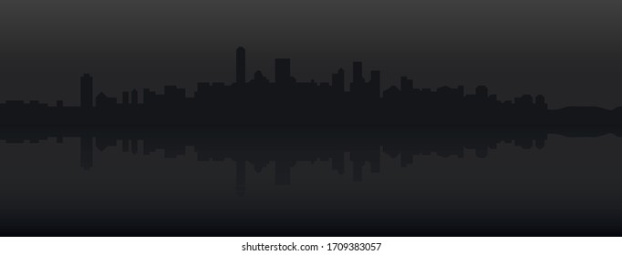 Black city silhouette. Minimalistic modern background. City on the shore at night. Dark gradient. Vector illustration.