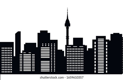 Black city silhouette on a white background. Cut city silhouette for paper design. Stencil sign. 