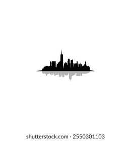 Black city skyline panorama with reflection of Freedom Tower and Lower Manhattan city from New Jersey. Cityscape, town skyline, horizontal panorama. Midtown, downtown illustration template