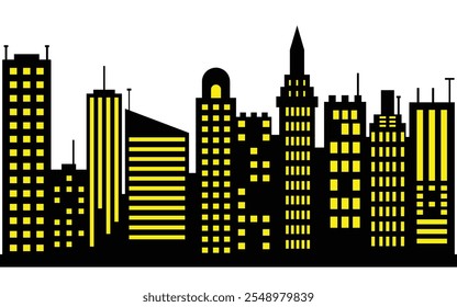 Black city skyline silhouette with yellow windows and modern city buildings on white background.