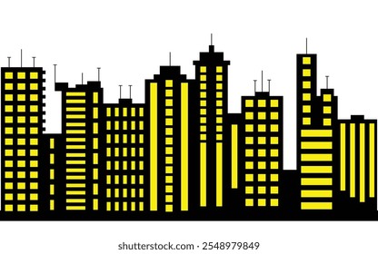 Black city skyline silhouette with yellow windows and modern city buildings on white background.