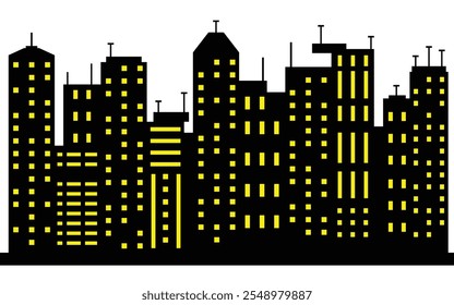 Black city skyline silhouette with yellow windows and modern city buildings on white background.