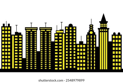 Black city skyline silhouette with yellow windows and modern city buildings on white background.