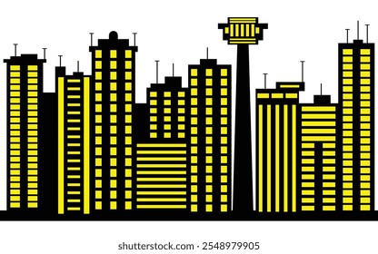 Black city skyline silhouette with yellow windows and modern city buildings on white background.