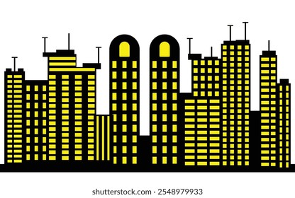 Black city skyline silhouette with yellow windows and modern city buildings on white background.