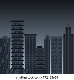 Black city. Vector illustration flat design. Isolated on night background. City skyscrapers on a gloomy background. Big blank urban. Street with high houses buildings.