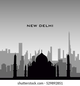 Black cityscape of New Delhi with text, Vector illustration