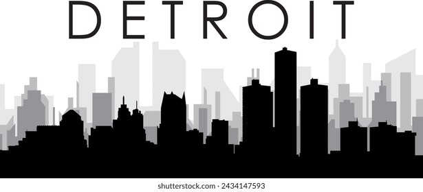 Black cityscape skyline panorama with gray misty city buildings background of the DETROIT, UNITED STATES OF AMERICA